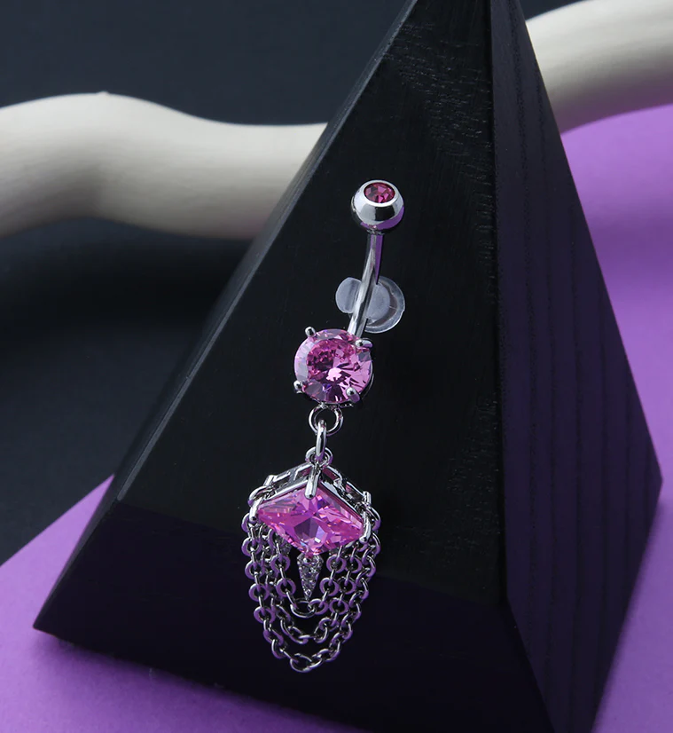 Pink Square CZ Dangle Chain Belly Button Ring - Image 2