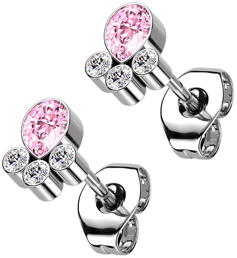 Pink Teardrop Cluster CZ Titanium Threadless Earrings