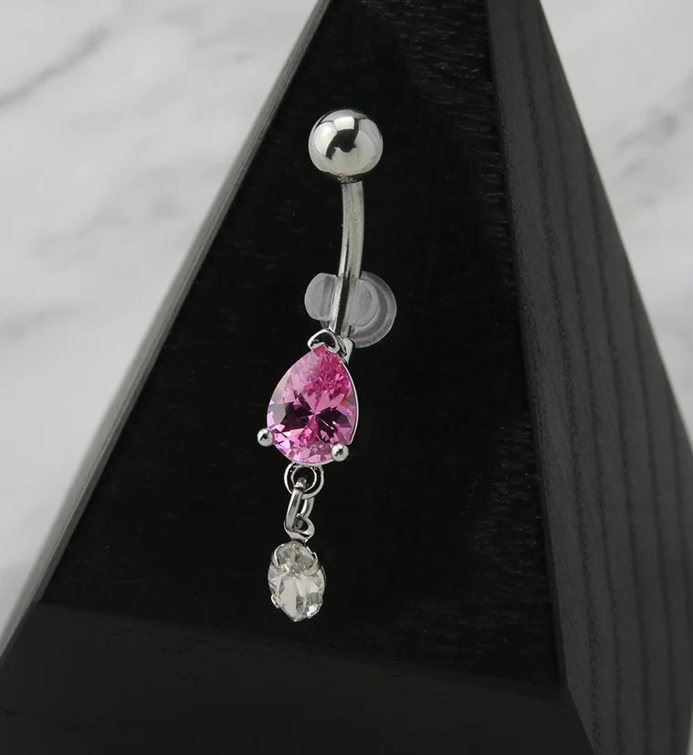 Pink Teardrop CZ Dangle Belly Button Ring - Image 2