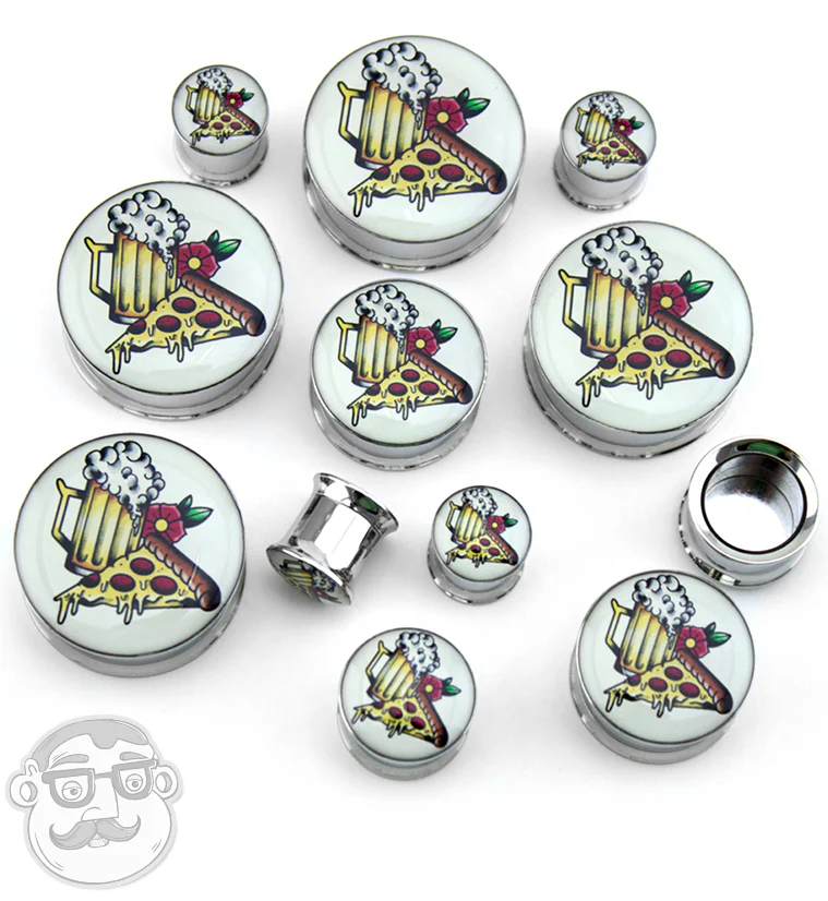 Pizza & Beer Tattoo Steel Plugs - Image 3