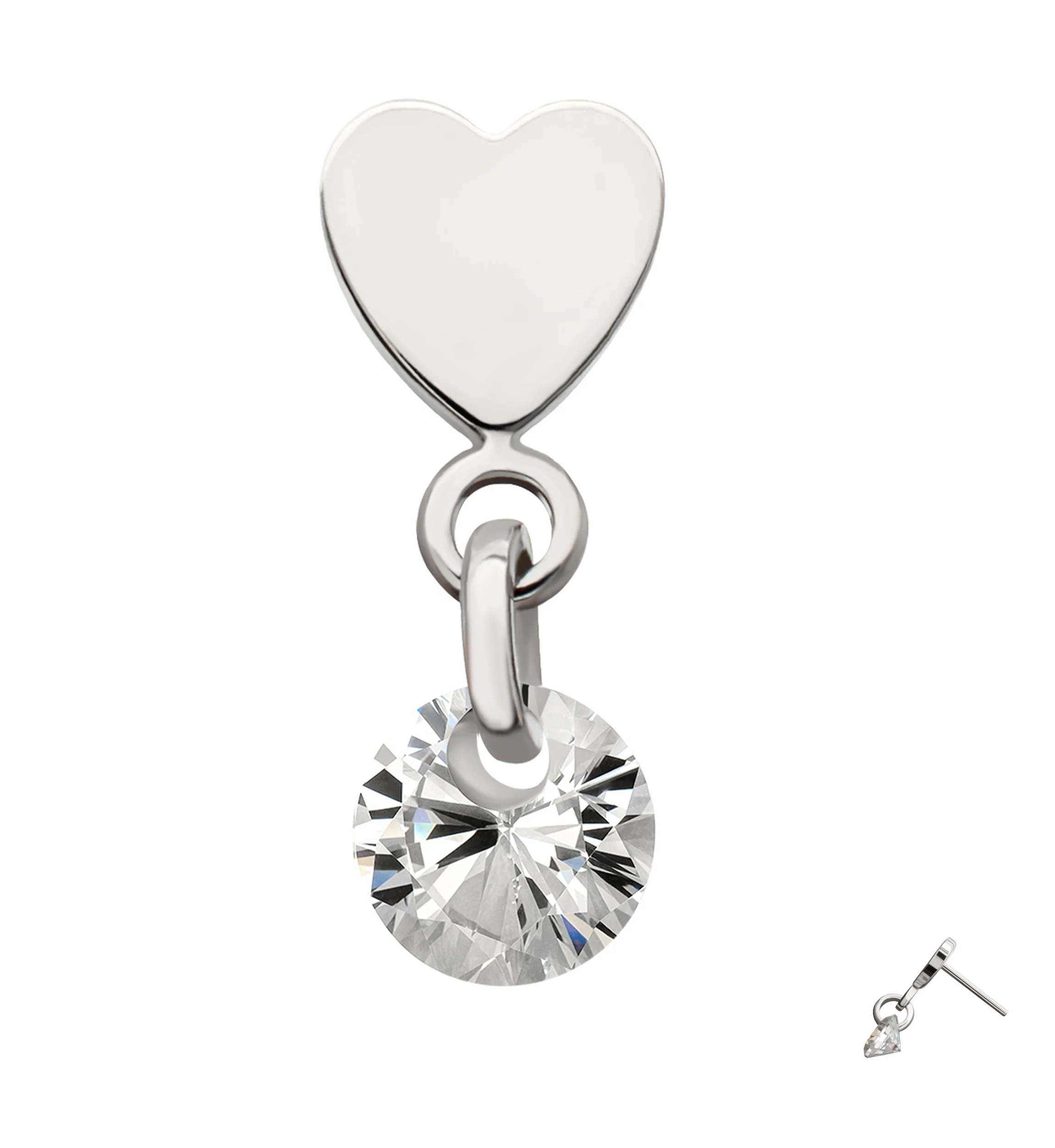 Platinum PVD Heart With Clear CZ Dangle Titanium Threadless Top - Image 3