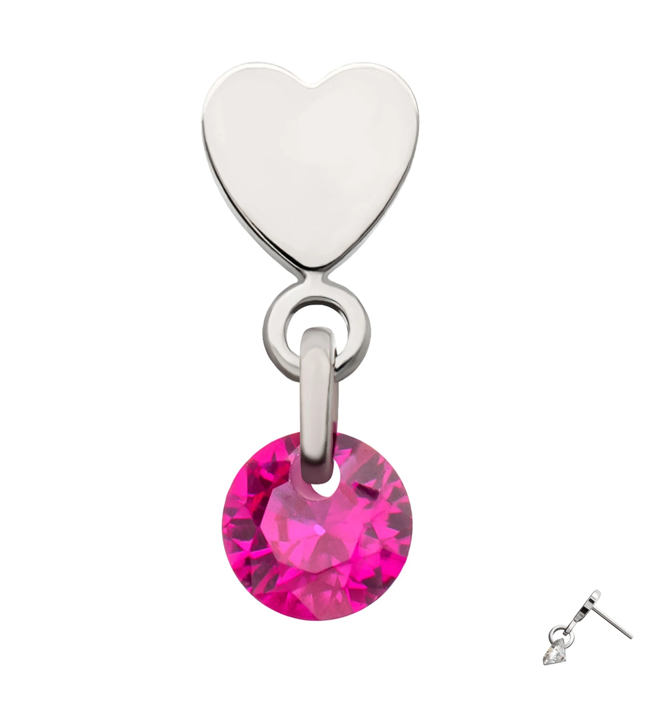 Platinum PVD Heart With Fuchsia CZ Dangle Titanium Threadless Top - Image 3