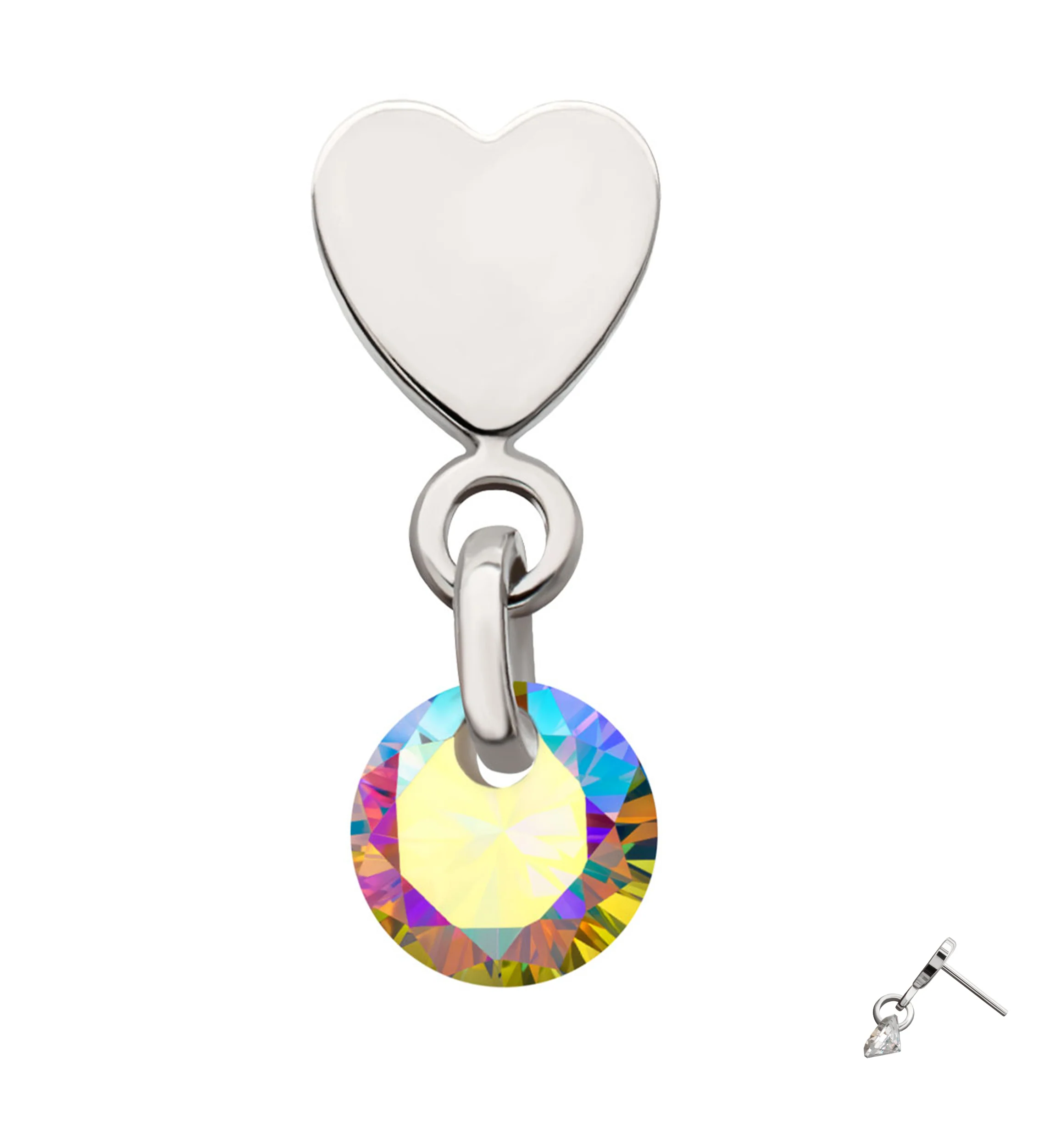 Platinum PVD Heart With Rainbow Aurora CZ Dangle Titanium Threadless Top - Image 3