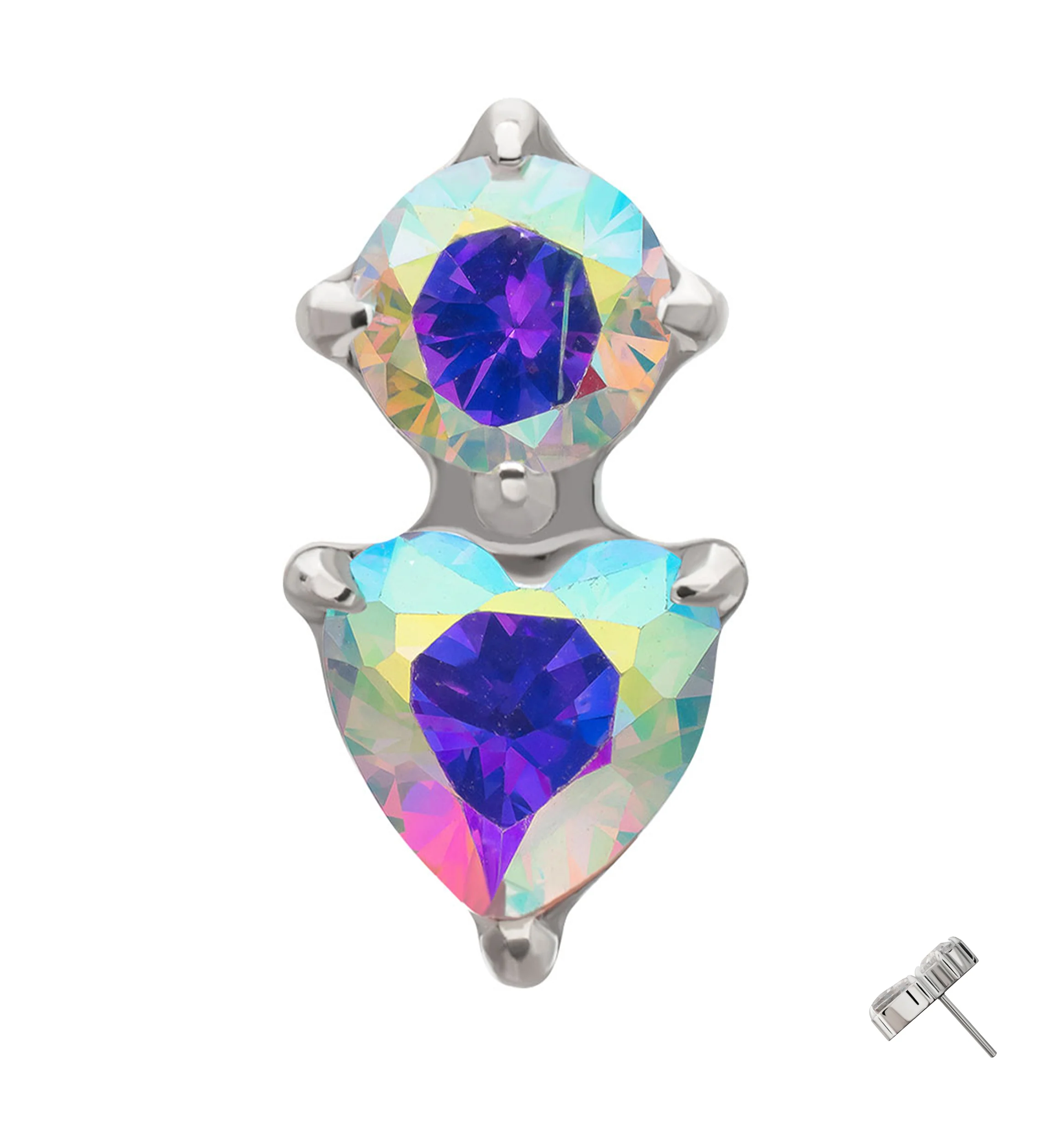 Platinum PVD Round and Heart Rainbow Aurora CZ Titanium Threadless Top - Image 3