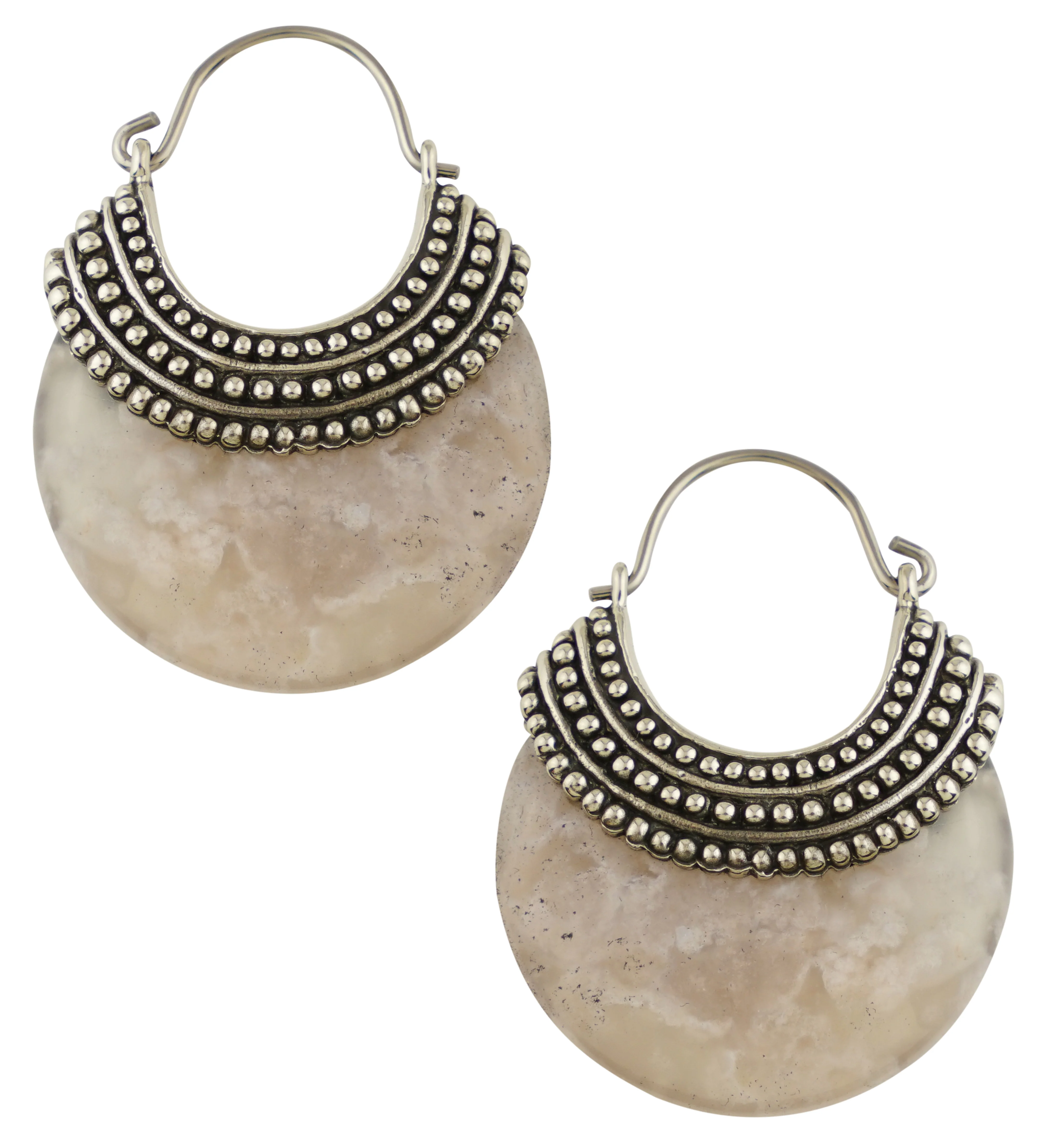 Plume Agate Beaded White Brass Stone Earrings