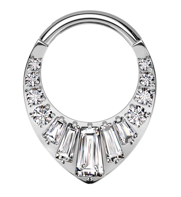 Point Baguette Clear CZ Titanium Hinged Segment Ring