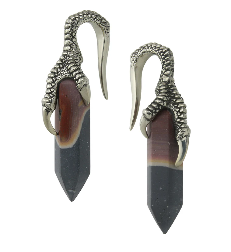 Polychrome Jasper Stone Raven Claw White Brass Ear Weights