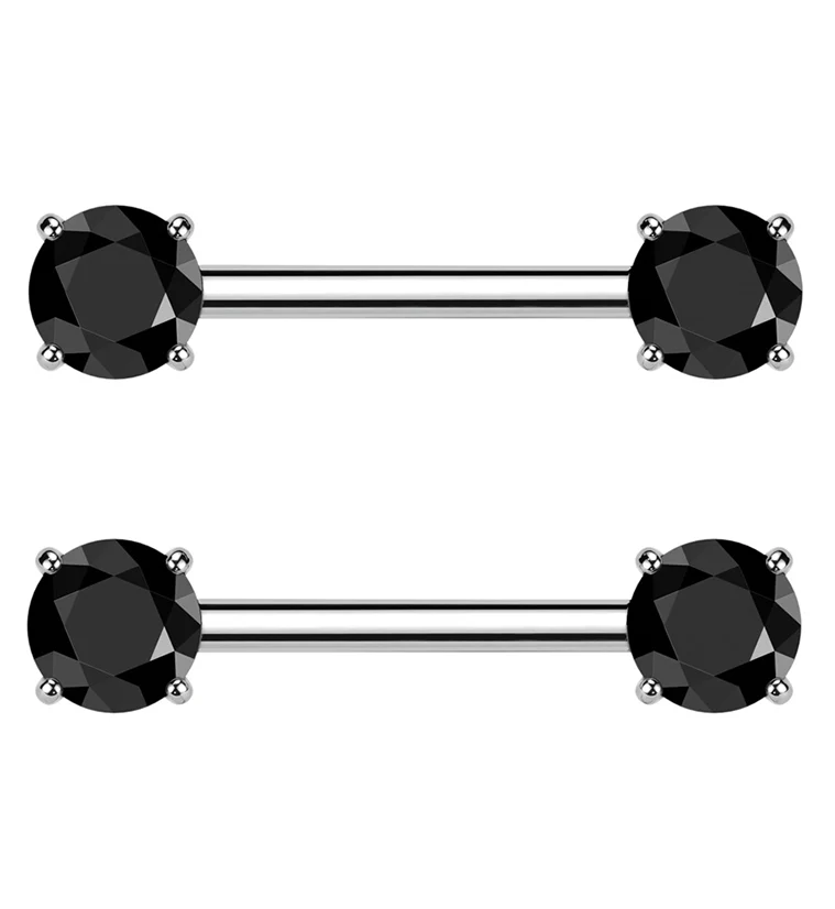 Prong Black CZ Threadless Titanium Nipple Barbells