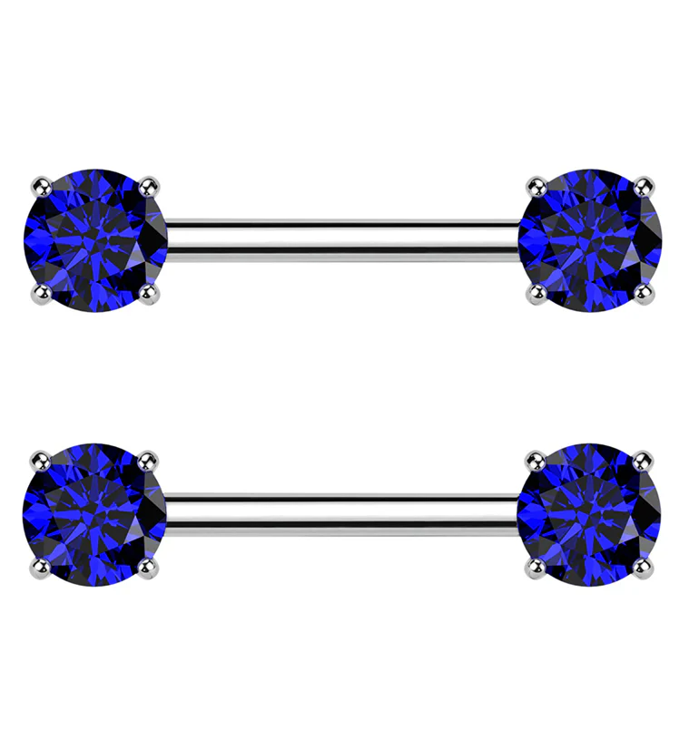 Prong Blue CZ Threadless Titanium Nipple Barbells