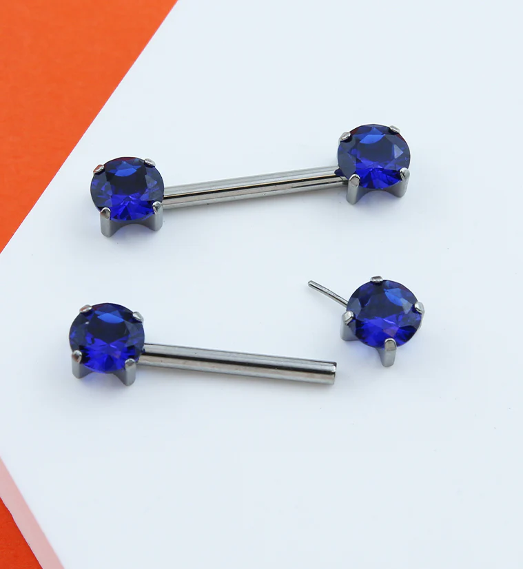 Prong Blue CZ Threadless Titanium Nipple Barbells - Image 2