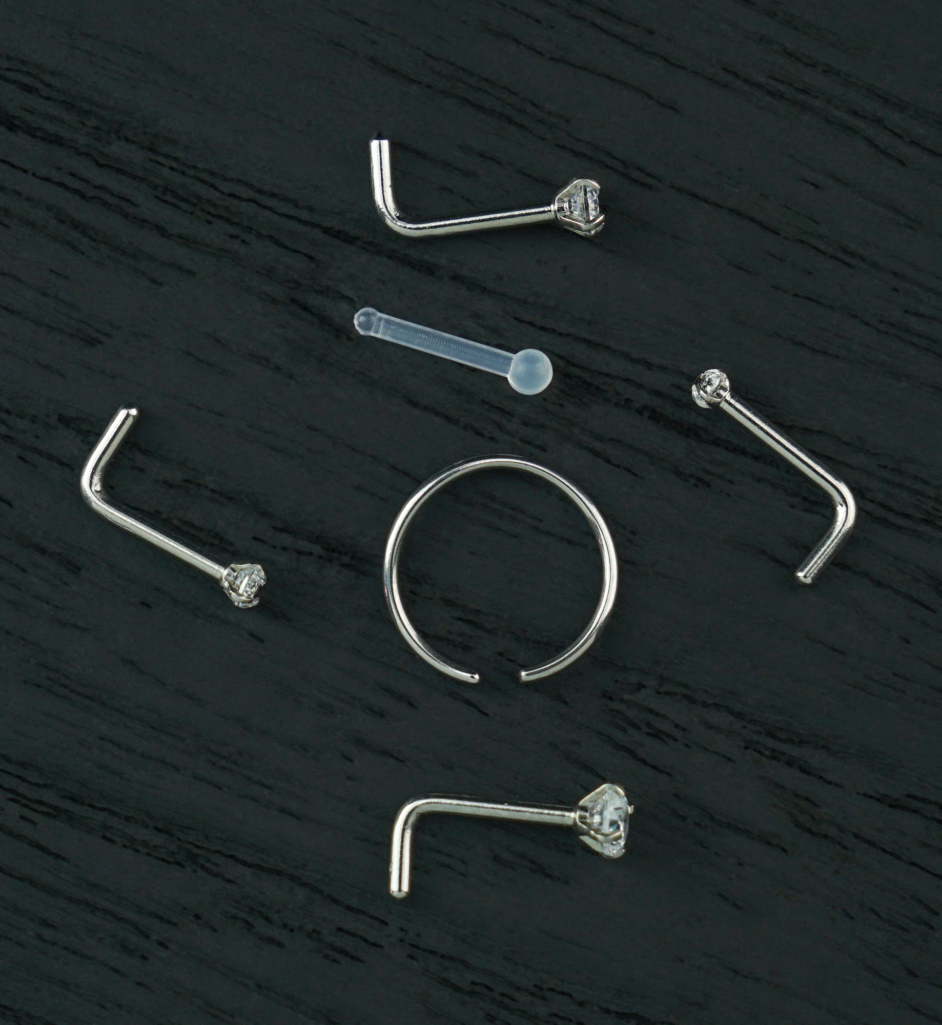 Prong Clear CZ Stainless Steel L Bend/Stud/Hoop Nose Ring Pack (6 Pc)