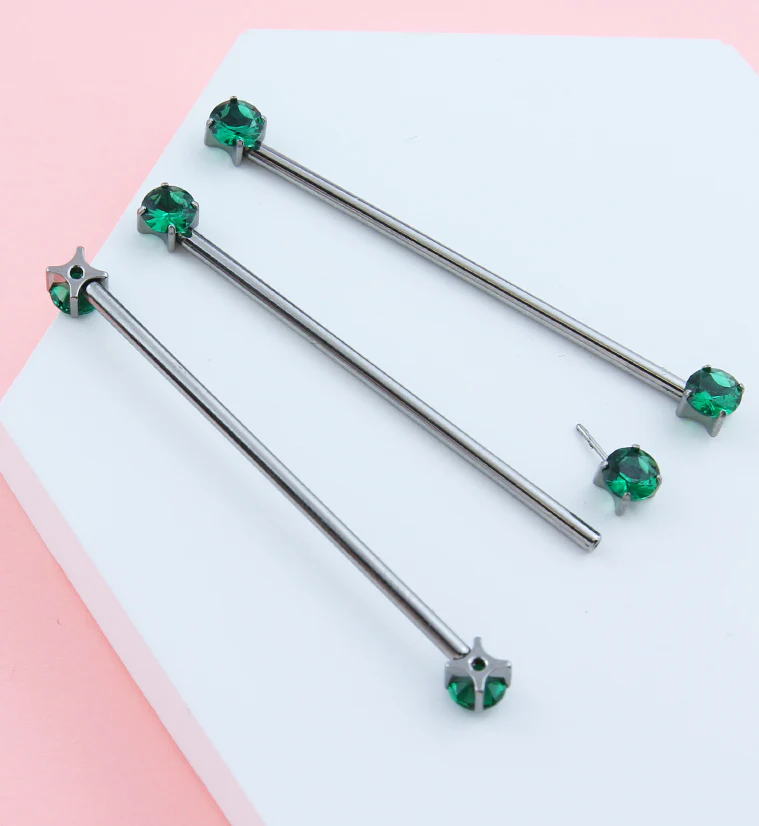 Prong Emerald CZ Threadless Titanium Industrial Barbell - Image 2