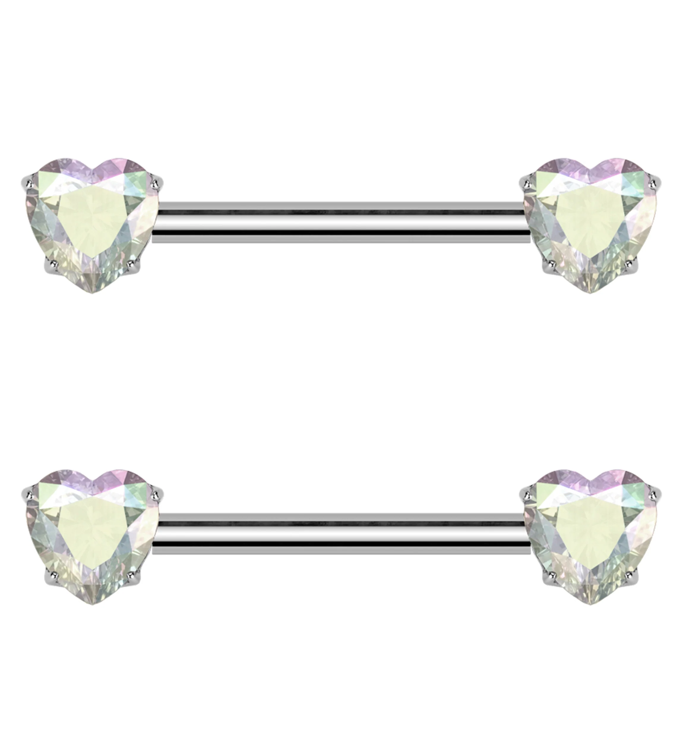 Prong Heart Rainbow Aurora CZ Threadless Titanium Nipple Barbell