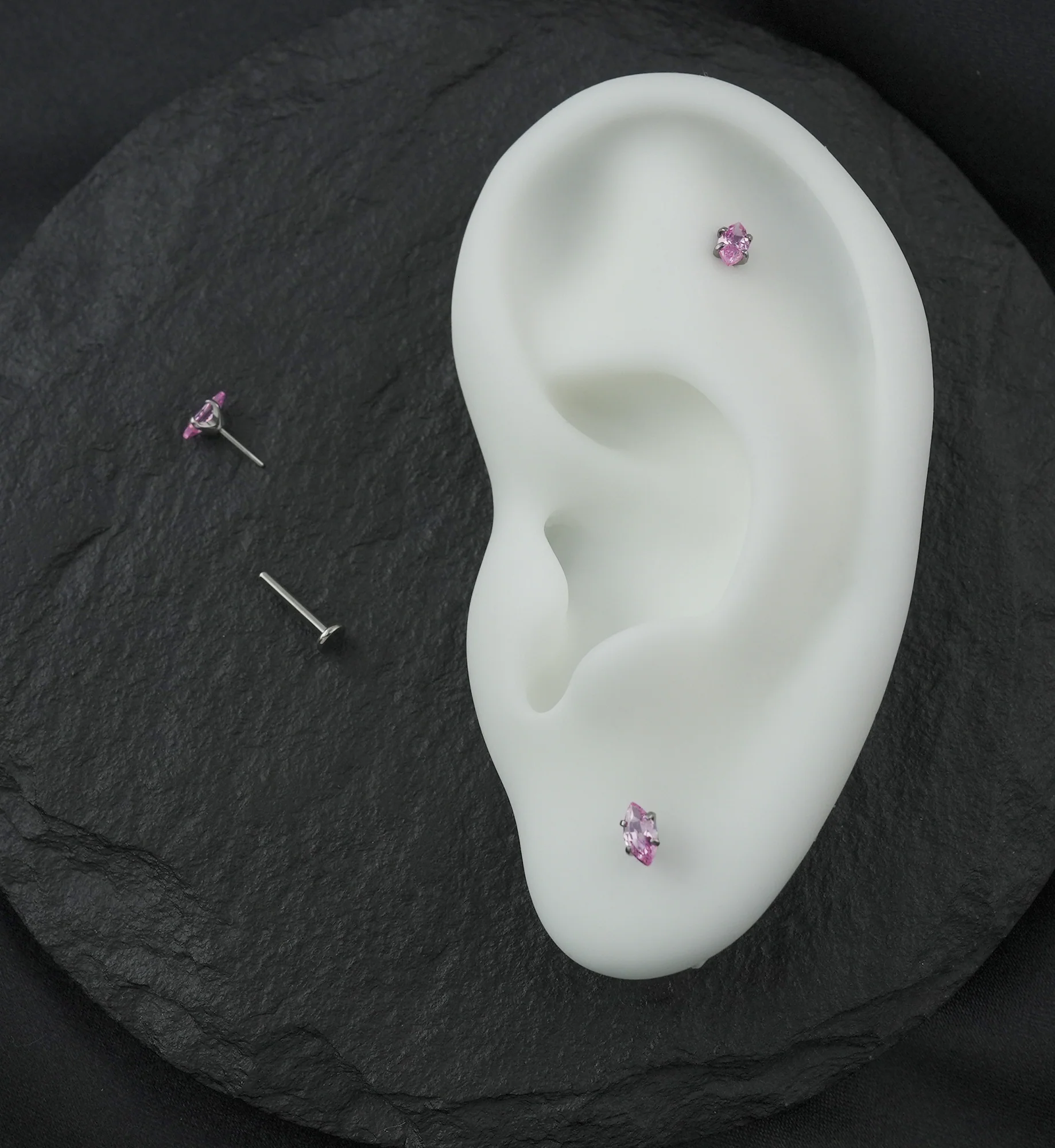 Prong Marquise Pink CZ Threadless Titanium Flat Disk Labret - Image 2