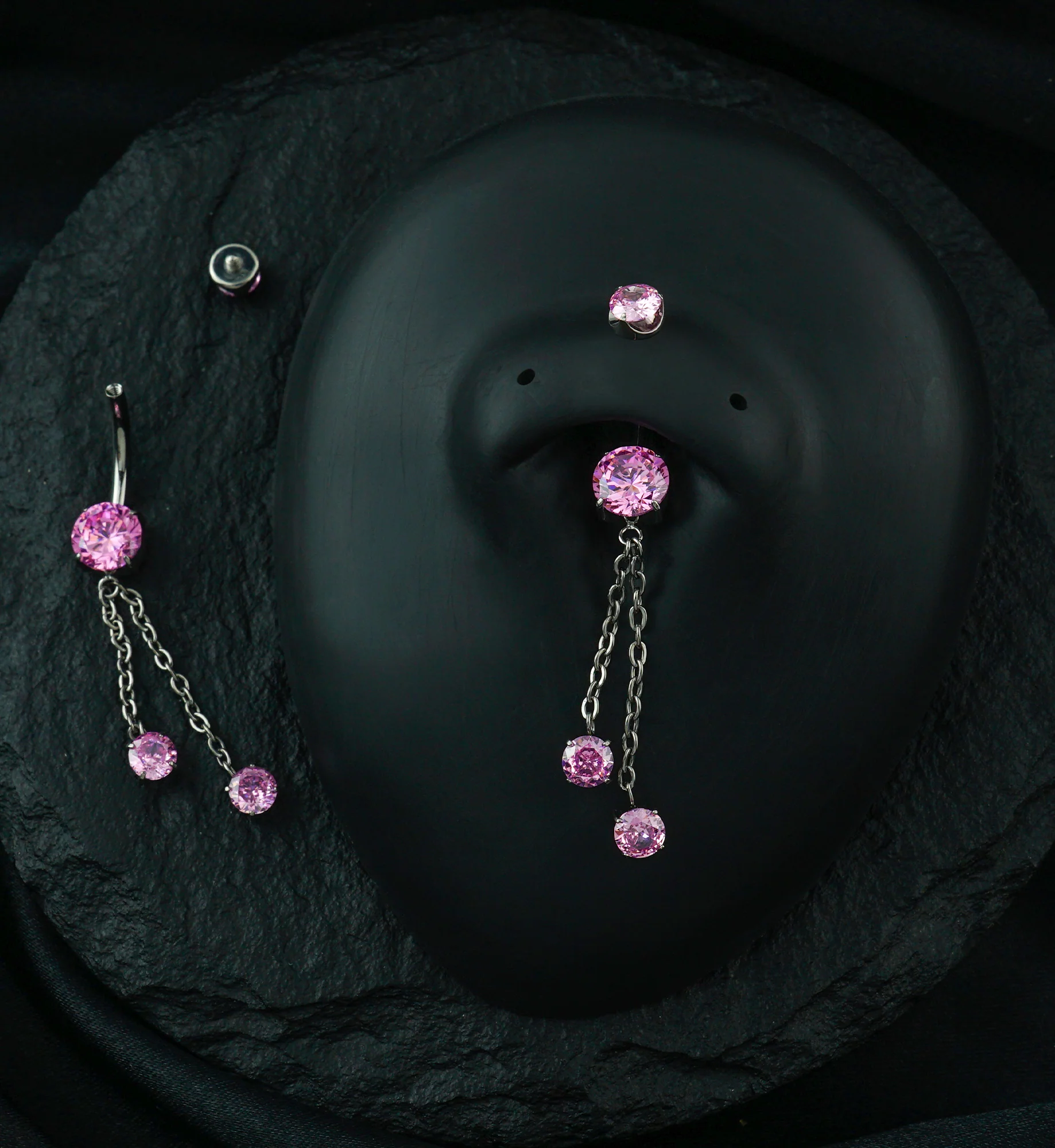 Prong Pink CZ Double Dangle Chain Titanium Internally Threaded Belly Button Ring - Image 2