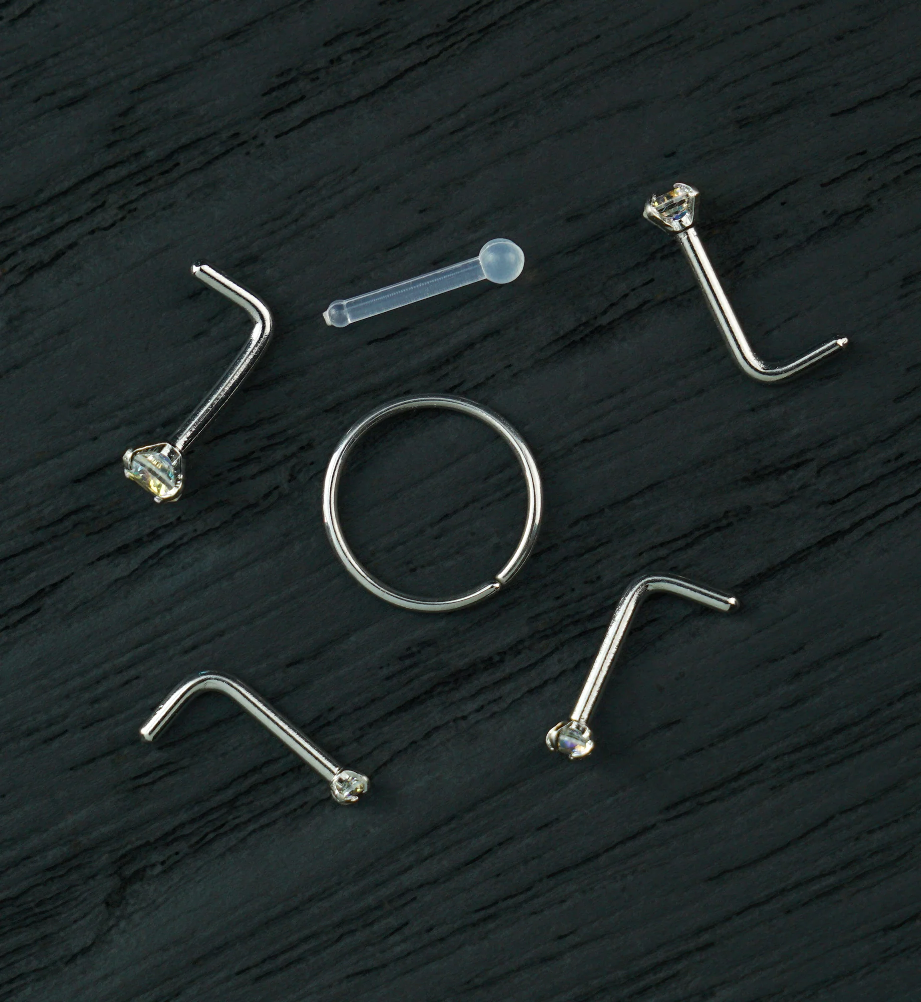 Prong Rainbow Aurora CZ Stainless Steel L Bend/Stud/Hoop Nose Ring Pack (6 Pc)