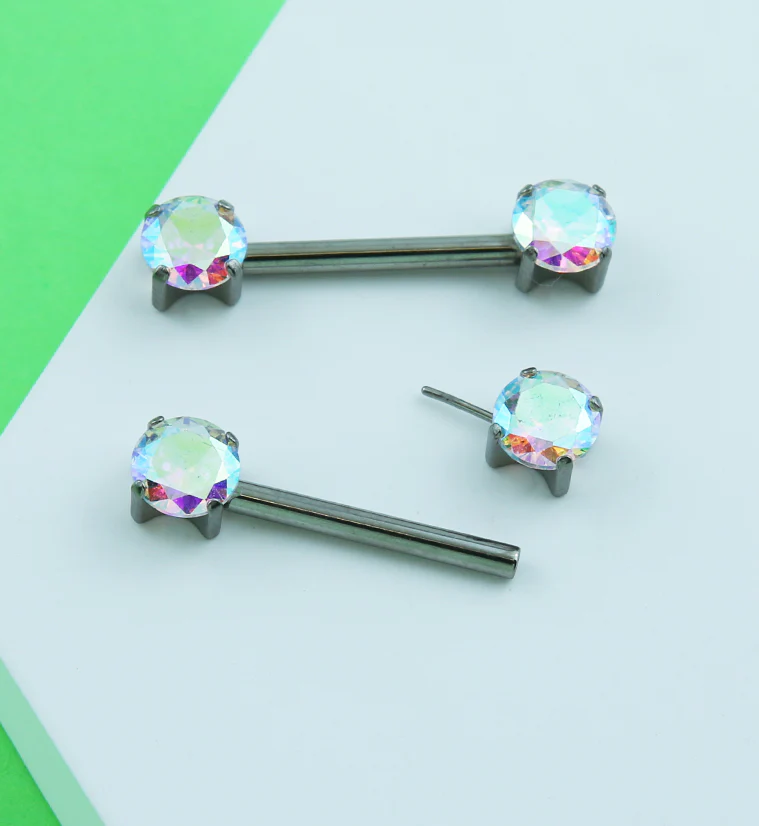 Prong Rainbow Aurora CZ Threadless Titanium Nipple Barbells - Image 2