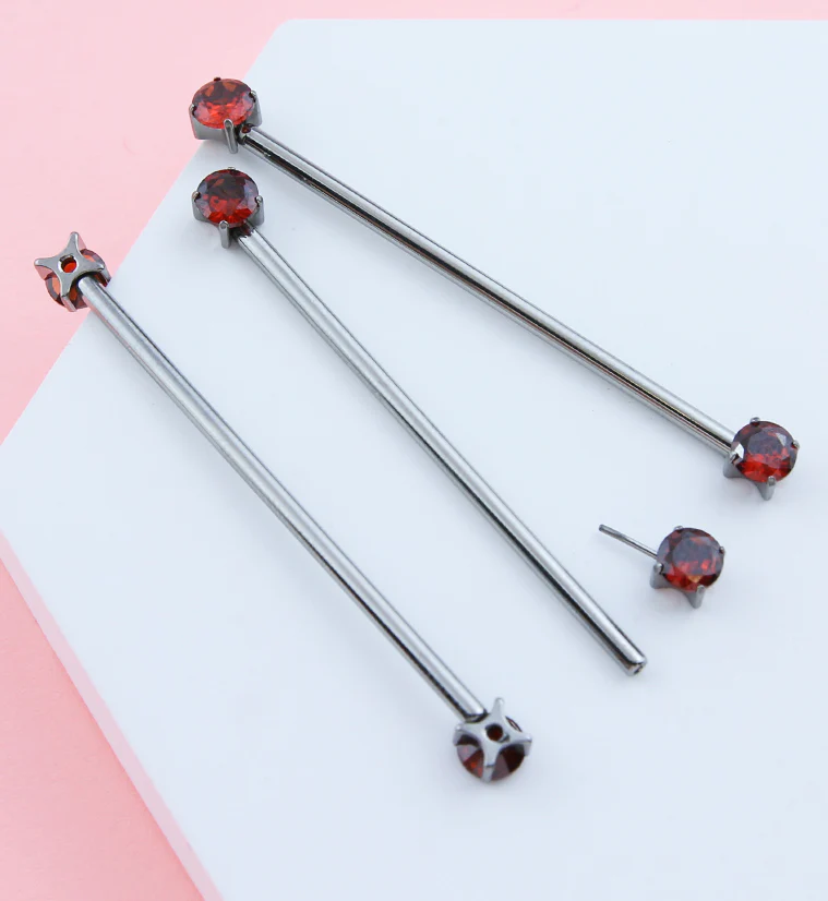 Prong Red CZ Threadless Titanium Industrial Barbell - Image 2