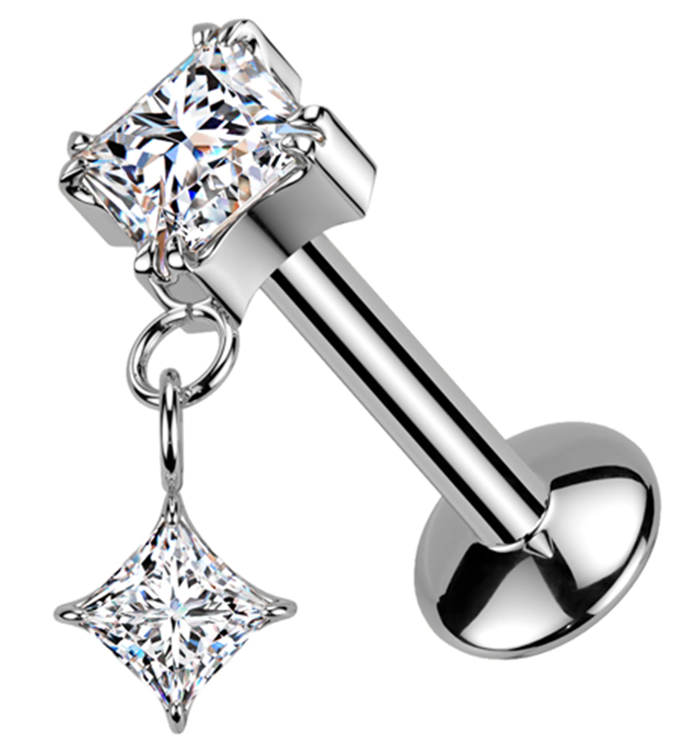 Prong Rhombus Clear CZ Dangle Titanium Convex Disk Labret