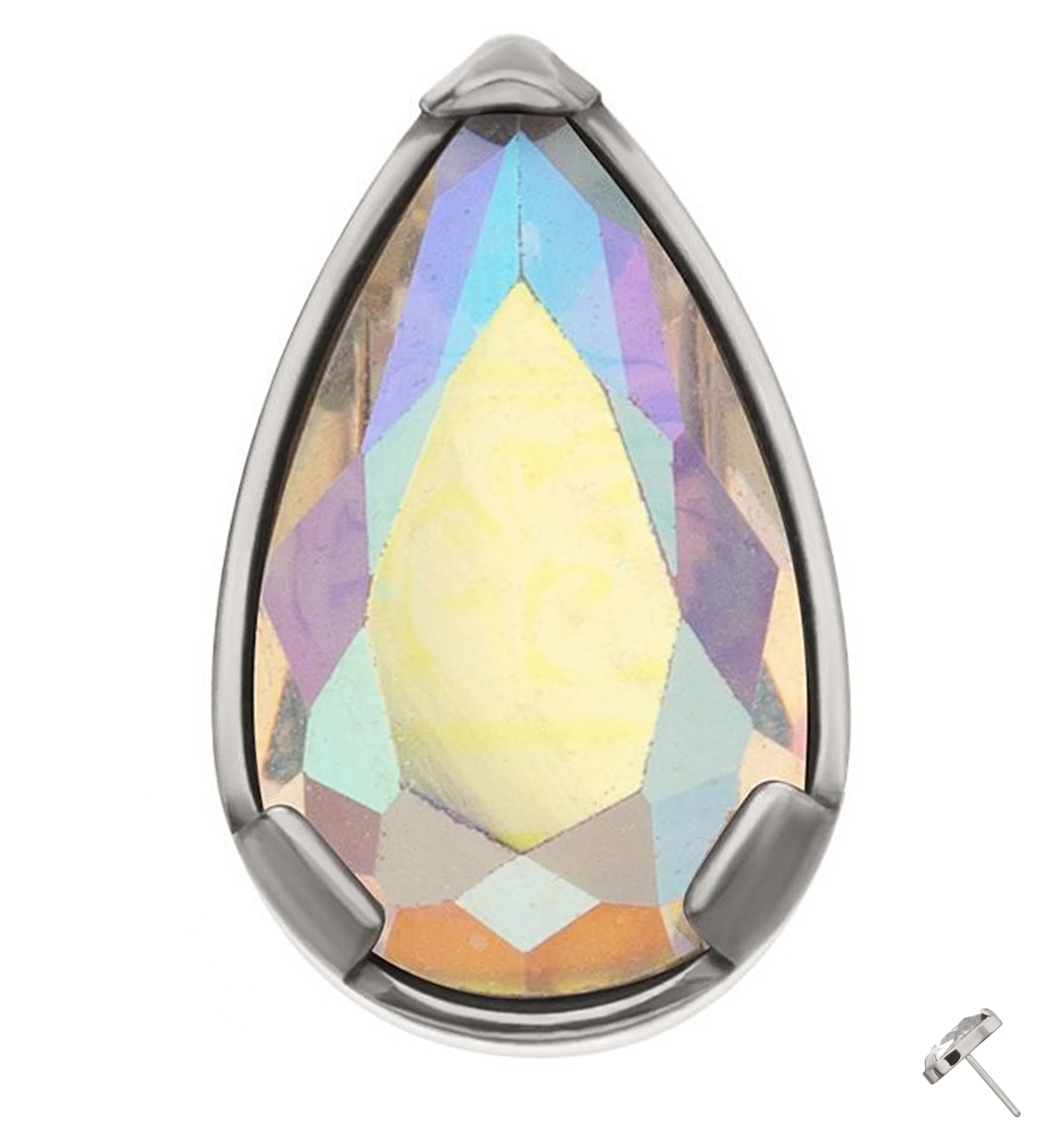 Prong Set Rainbow Aurora Teardrop CZ Titanium Threadless Top
