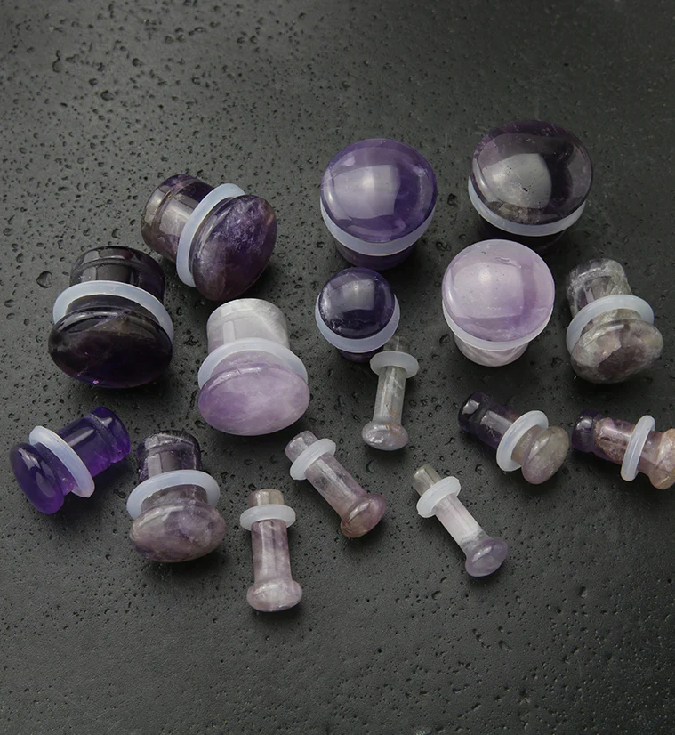 Purple Amethyst Stone Plugs - Single Flare with Grooves - Image 2