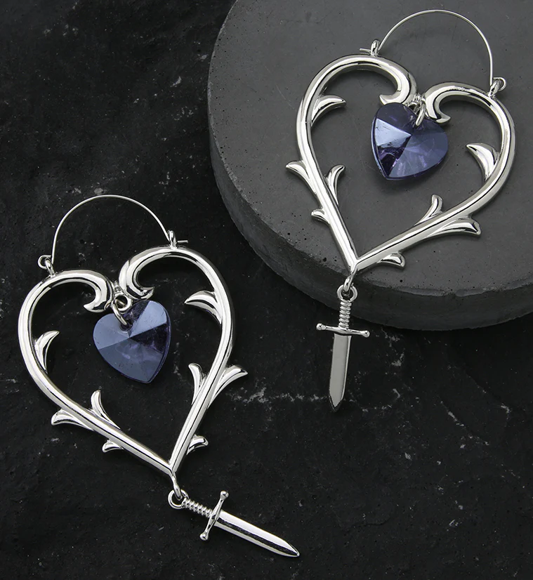 Purple CZ Heart Dagger Stainless Steel Plug Hoops - Image 2