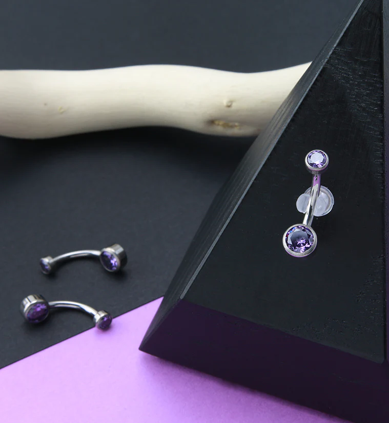 Purple Double Flat Bezel CZ Titanium Belly Button Ring - Image 3