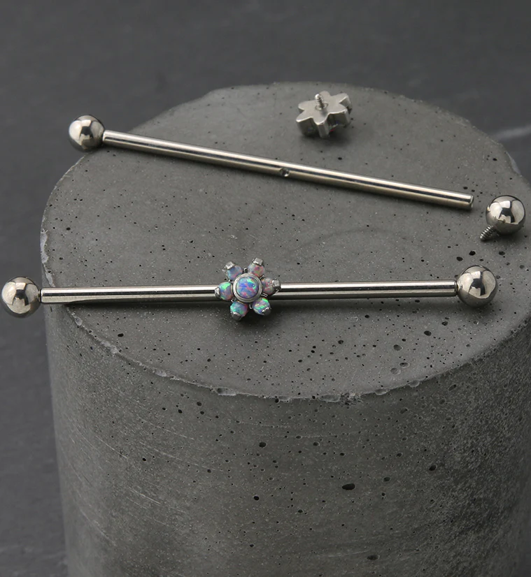 Purple Opalite Flower Titanium Industrial Barbell - Image 2