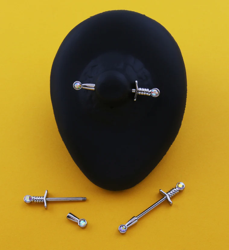 Rainbow Aurora CZ Dagger Stainless Steel Nipple Barbell - Image 2