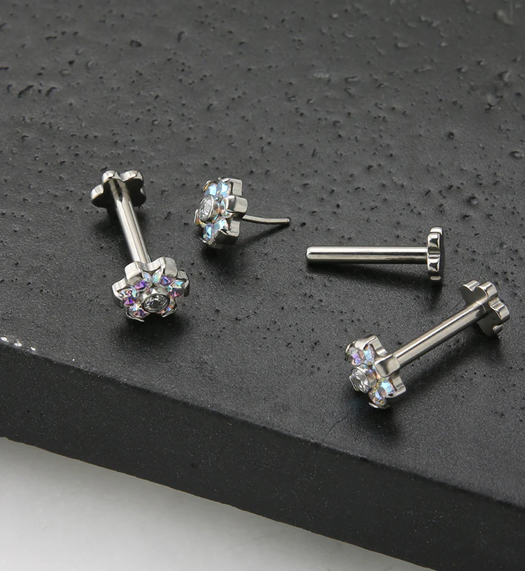 Rainbow Aurora CZ Flower Titanium Threadless Labret - Image 3