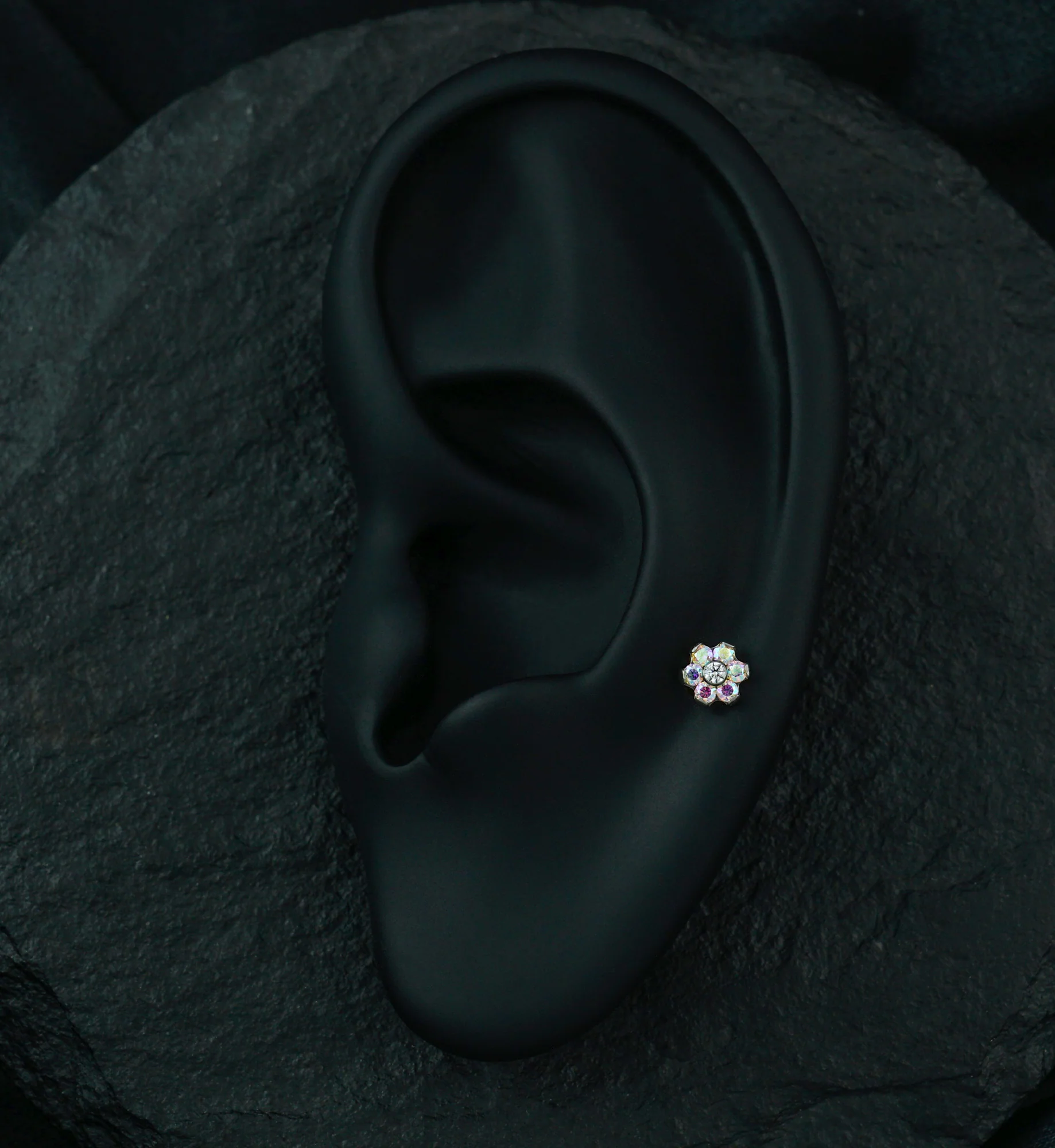 Rainbow Aurora CZ Flower Titanium Threadless Labret - Image 4