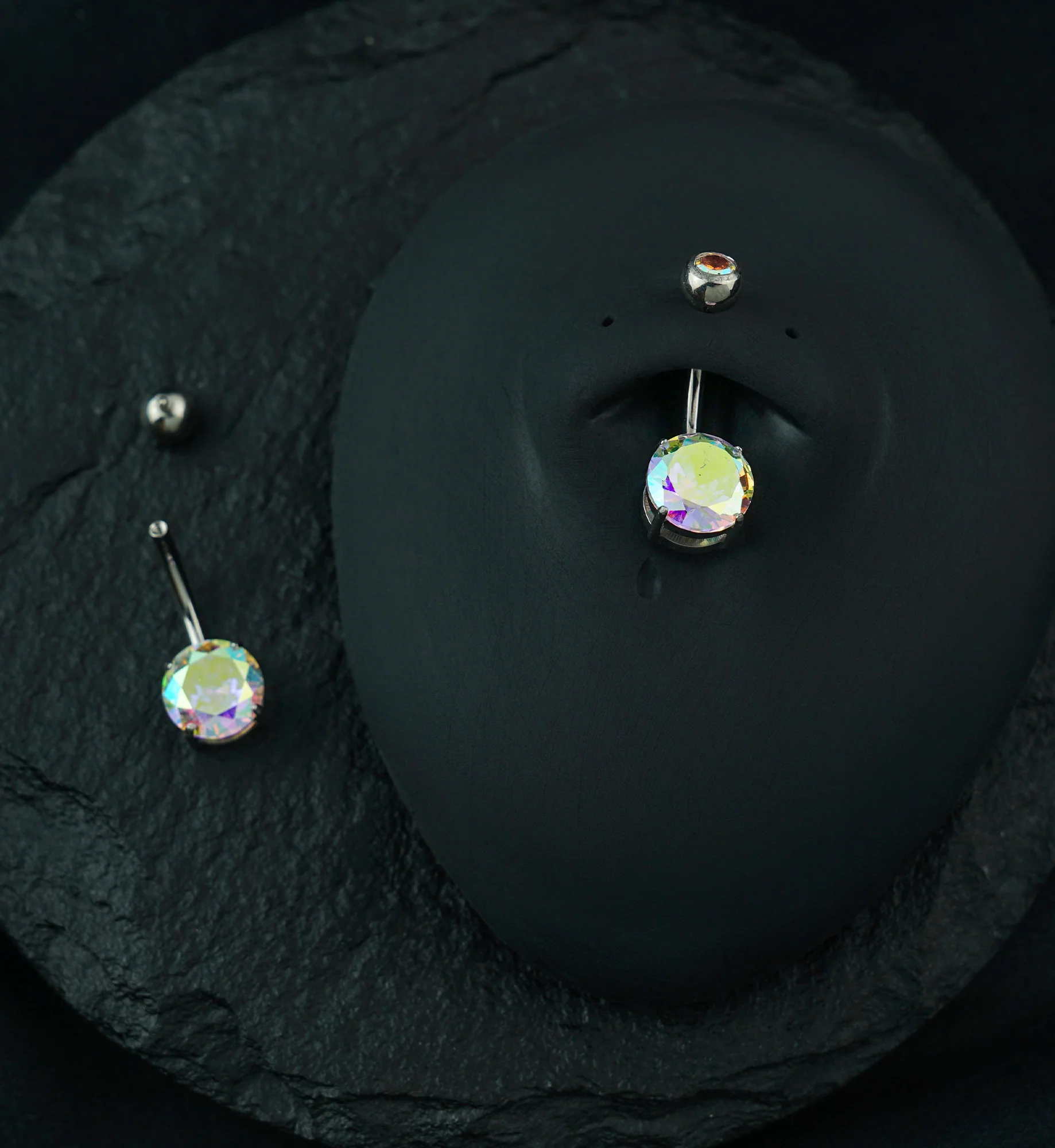 Rainbow Aurora CZ Prong/Bezel Internally Threaded Titanium Belly Button Ring - Image 2