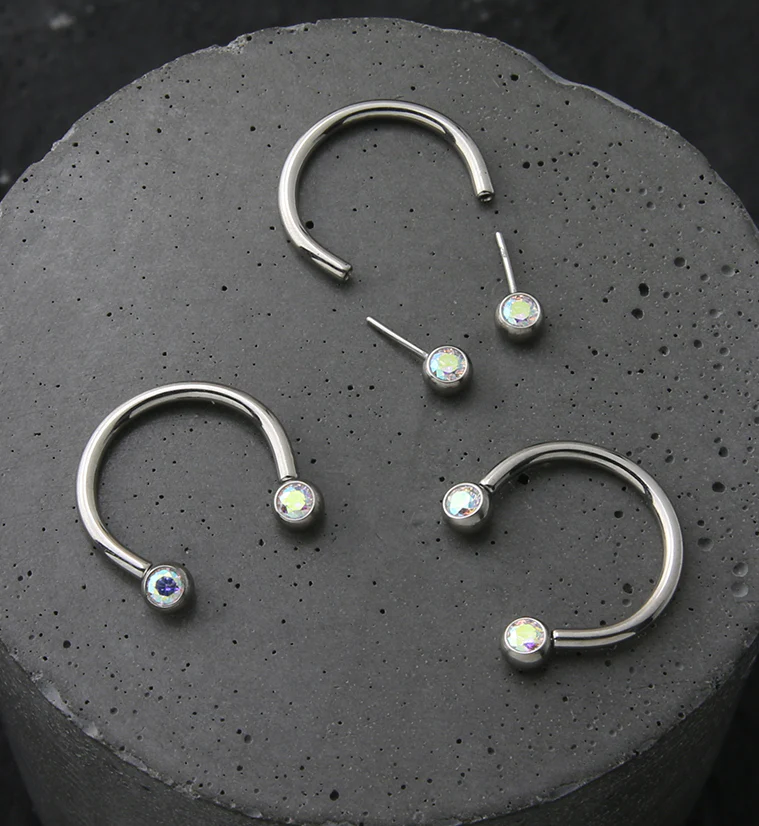 Rainbow Aurora CZ Threadless Titanium Circular Barbell - Image 2