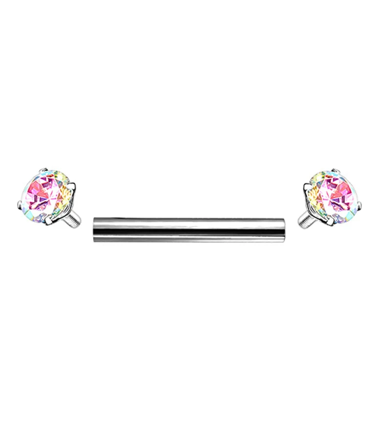 Rainbow Aurora Double Round CZ Prong Set Stainless Steel Barbell - Image 2