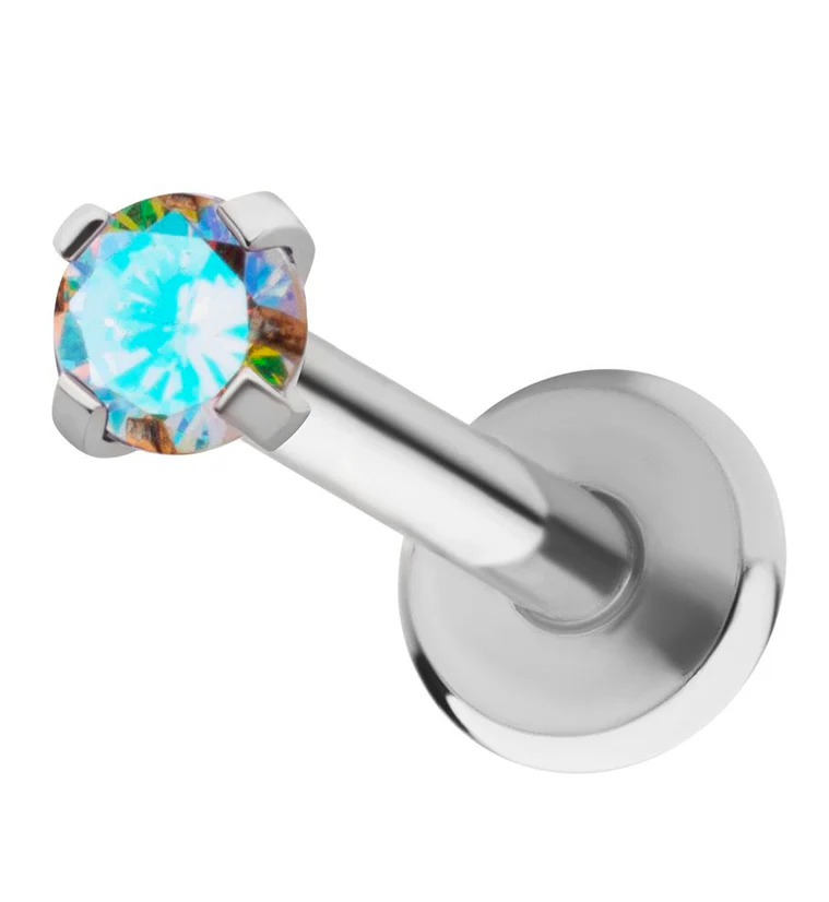Rainbow Aurora Prong CZ Stainless Steel Internally Threaded Labret