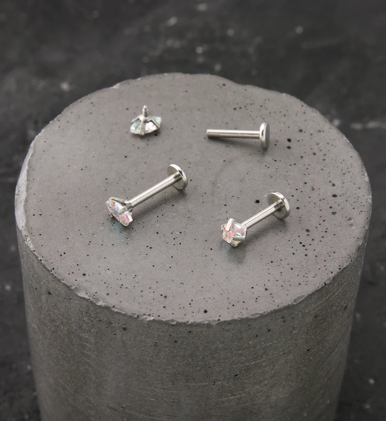 Rainbow Aurora Prong Oval CZ Stainless Steel Internally Threaded Labret - Image 2