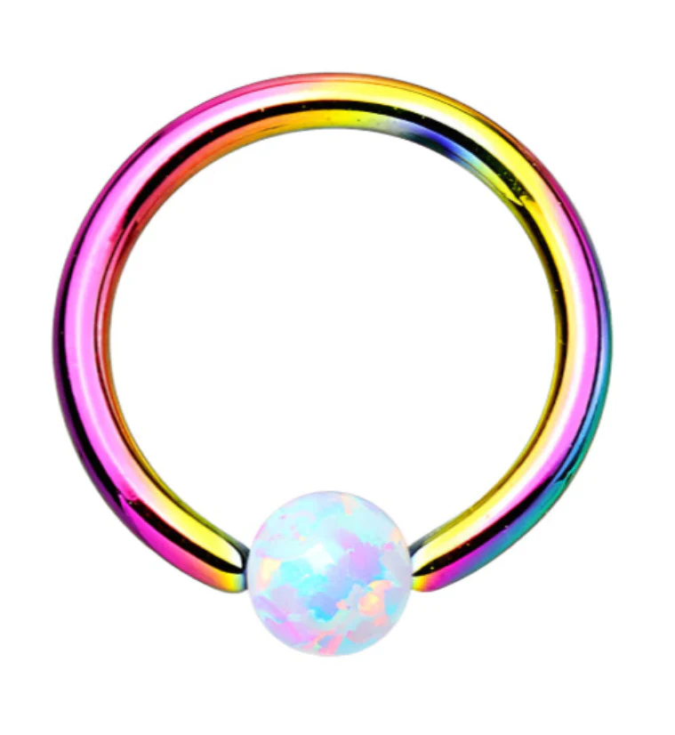 Rainbow PVD White Opalite Captive Ring
