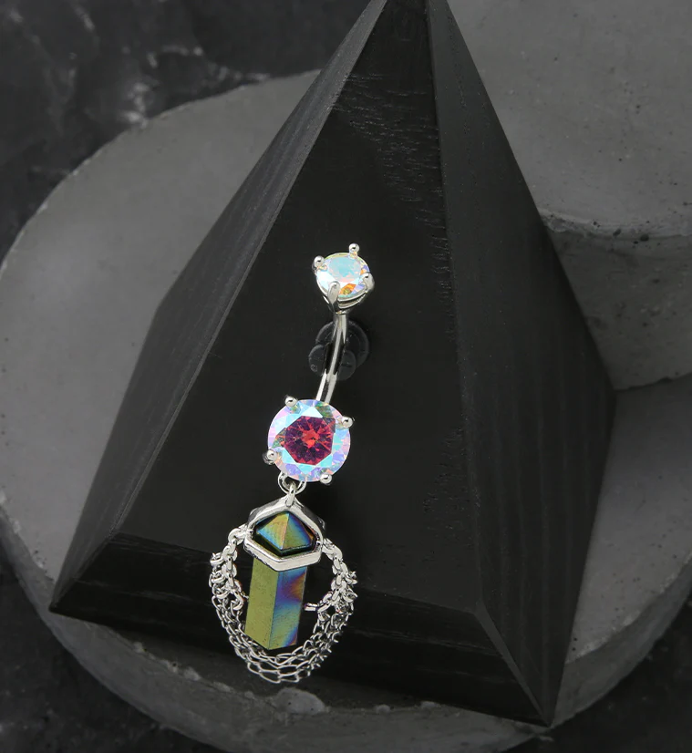 Rainbow Crystal Multi Dangle Chain Stainless Steel Belly Button Ring - Image 2