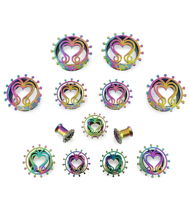 Rainbow Filigree Heart Steel Tunnel Plugs - Image 2