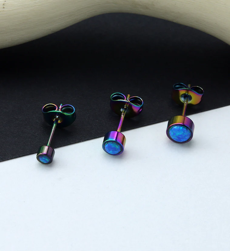 Rainbow PVD Bezel Blue Opalite Stainless Steel Earrings - Image 2