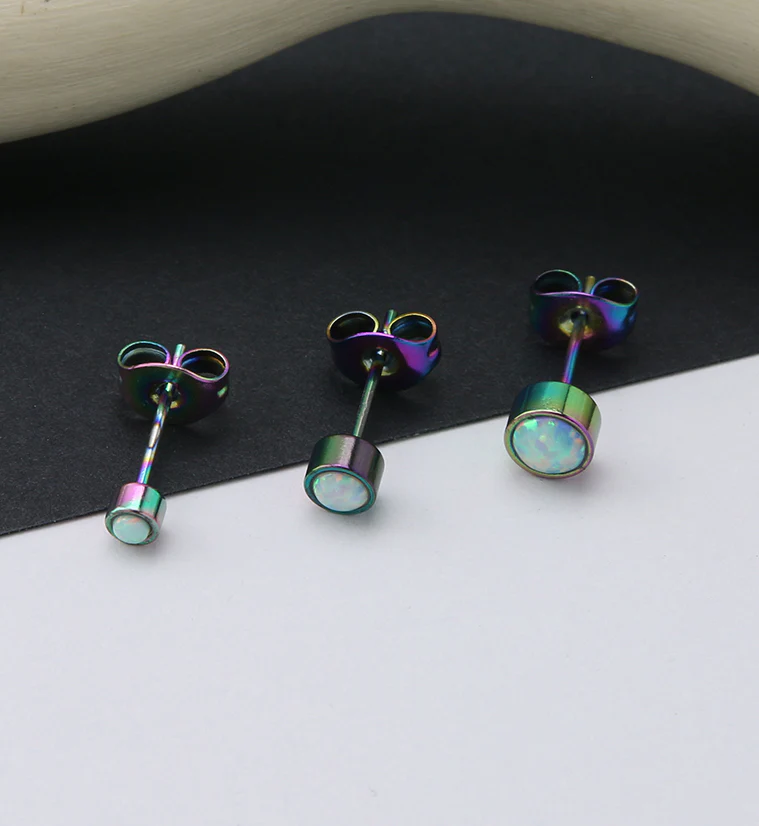 Rainbow PVD Bezel White Opalite Stainless Steel Earrings - Image 2