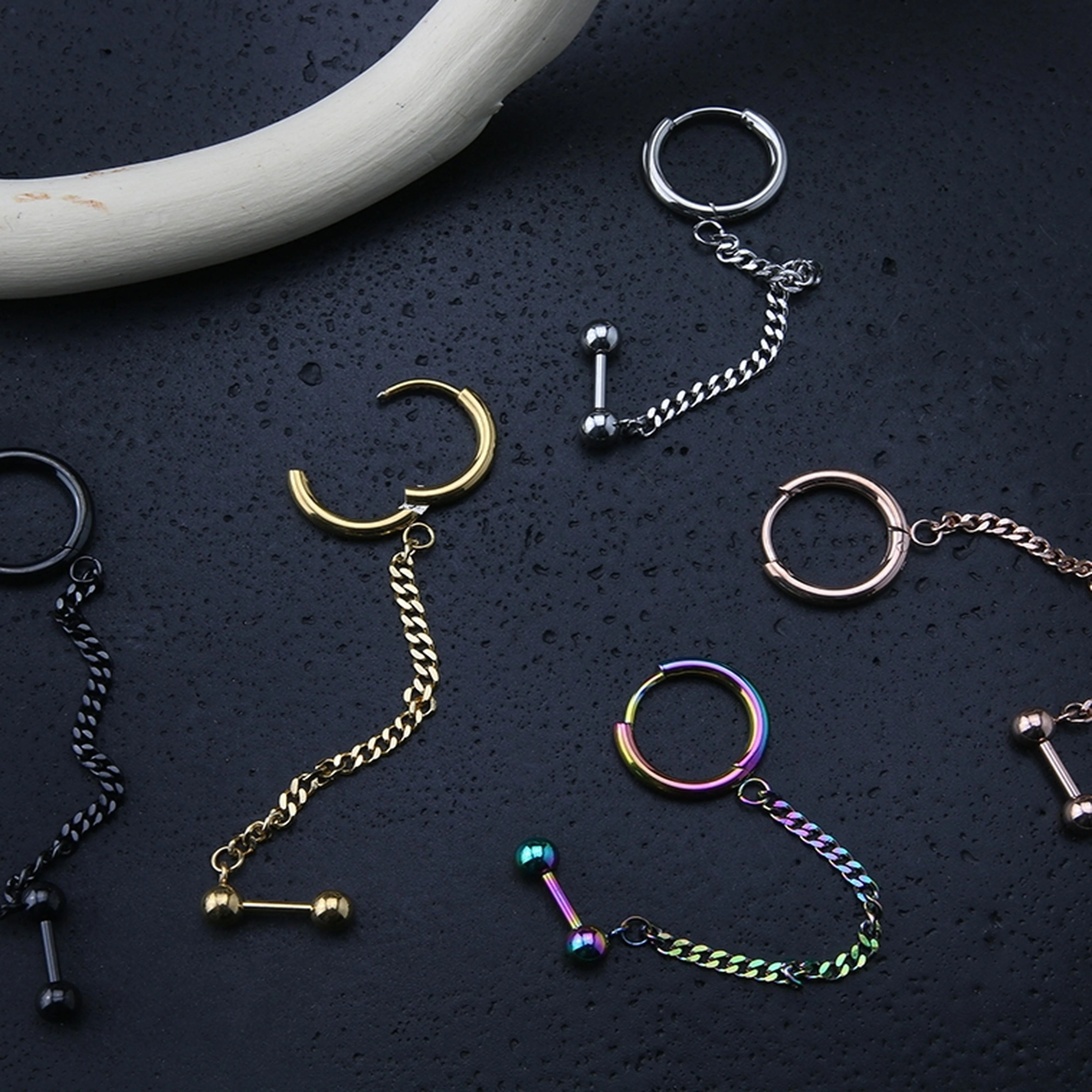 Rainbow PVD Linked Hinged Hoop Ring & Cartilage Barbell - Image 2