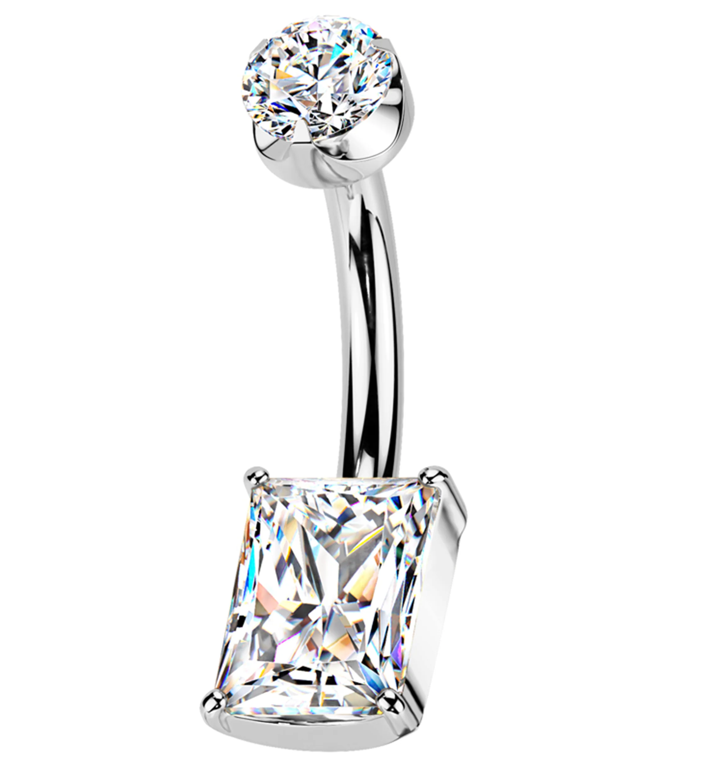 Rectangle Semi-Bezel Clear CZ Titanium Internally Threaded Belly Button Ring