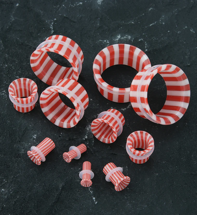 Red And White Striped Glass Single Flare Tunnels - Image 2