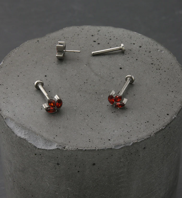 Red CZ Tri Sepal Titanium Threadless Labret - Image 2