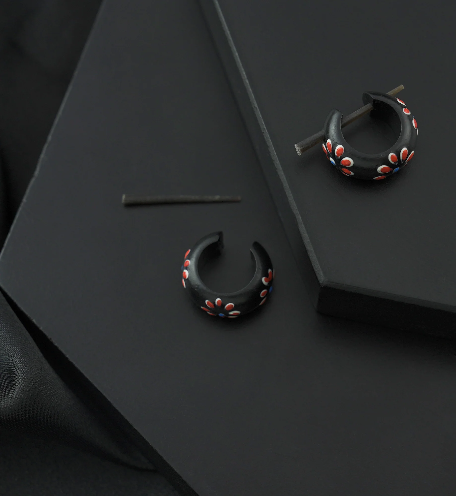 Red Flower Wooden Hoop Earrings - Image 2