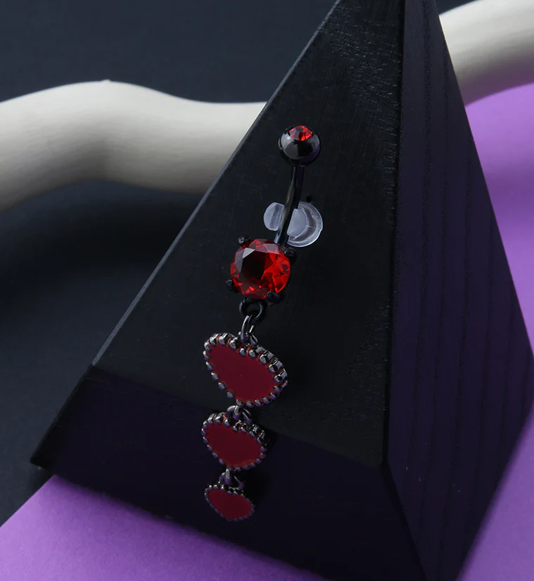 Black PVD Red Hearts Dangle Belly Button Ring - Image 2