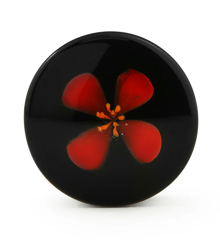 Red Poppy Flower Black Glass Double Flare Plugs - Image 5