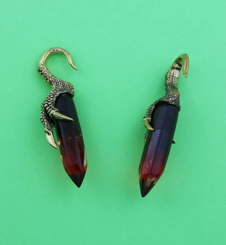Red Resin Raven Claw Brass Ear Weights - Image 3