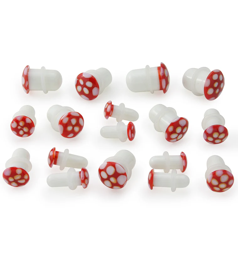 Red Spotted Mushroom Glass Single Flare Plugs - Image 3